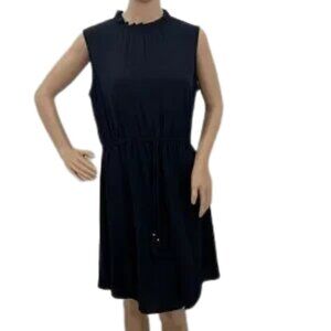 H&M Classic Navy Blue Sleeveless Dress w/ High Ruffled Collar Waist Tie Size 10
